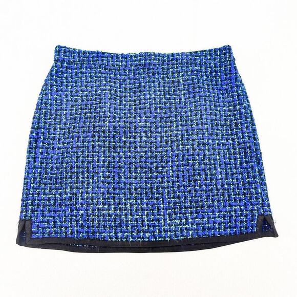 J. Crew Woven Tweed Blue Wool Mini Skirt Black Trimmed Size 6 - Picture 1 of 6